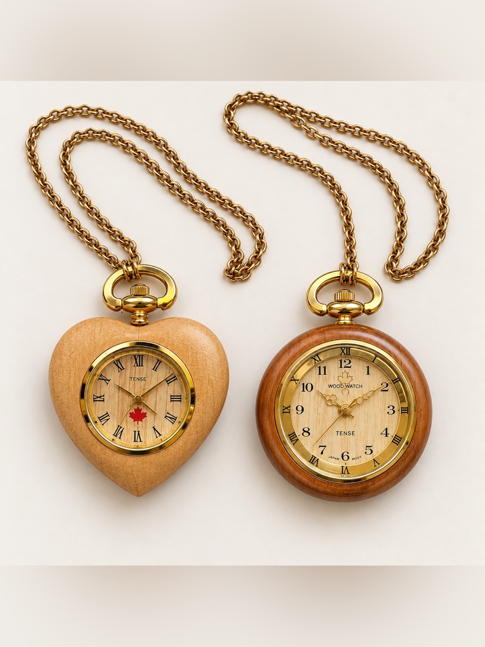 Vintage Wooden Pocket Watch Necklace Set of 2 | Gold Tone Retro Timepieces